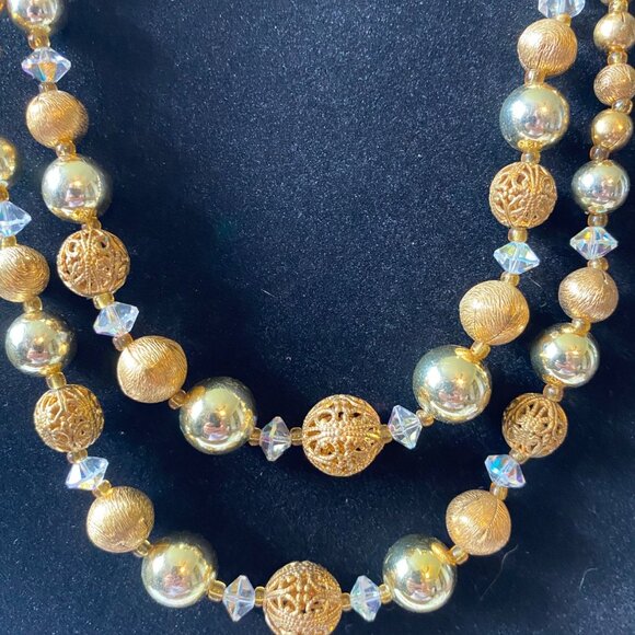 Vintage Lisner Gold-Tone Beaded Necklace With Filigree & Aurora Borealis Accents - Picture 1 of 10